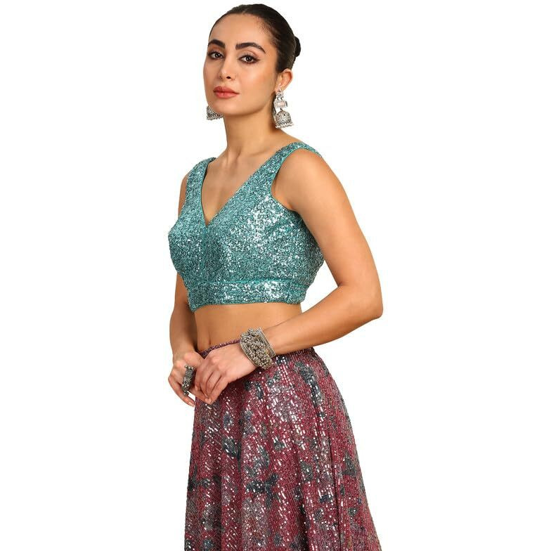 Soch Womens Turquoise Blue Sequinned Embellished Georgette Padded Blouse