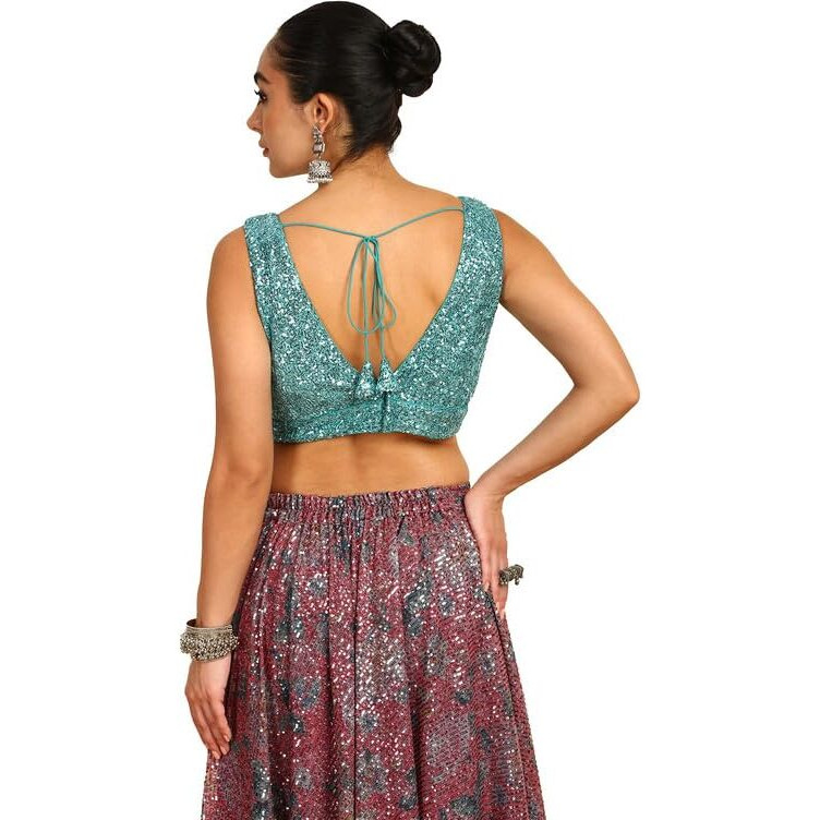 Soch Womens Turquoise Blue Sequinned Embellished Georgette Padded Blouse