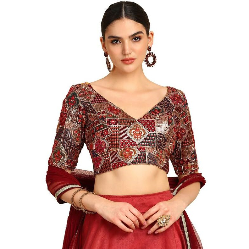 Soch Womens Maroon Sequinned Embellished Georgette Padded Blouse