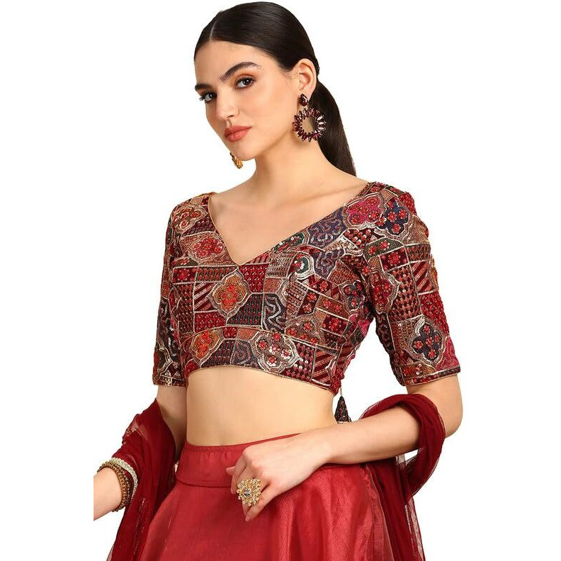 Soch Womens Maroon Sequinned Embellished Georgette Padded Blouse