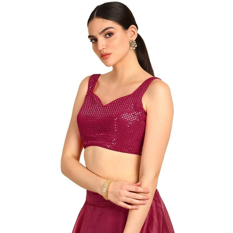 Soch Womens Fuchsia Sequinned Sweetheart Neck Georgette Padded Blouse