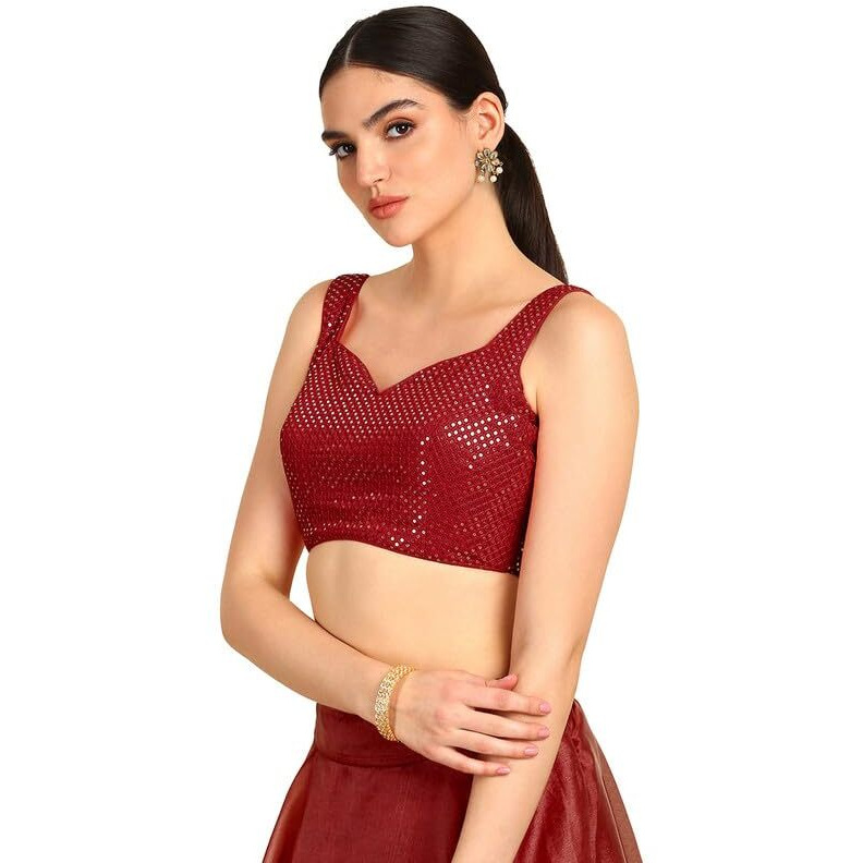 Soch Womens Maroon Sequinned Sweetheart Neck Georgette Padded Blouse