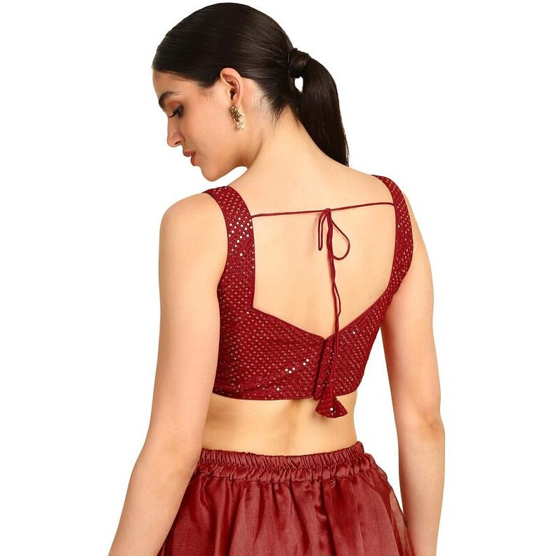 Soch Womens Maroon Sequinned Sweetheart Neck Georgette Padded Blouse