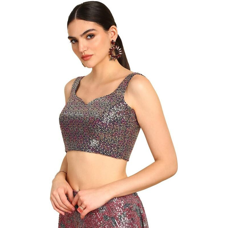 Soch Womens Blue Sequinned Embellished Georgette Padded Blouse