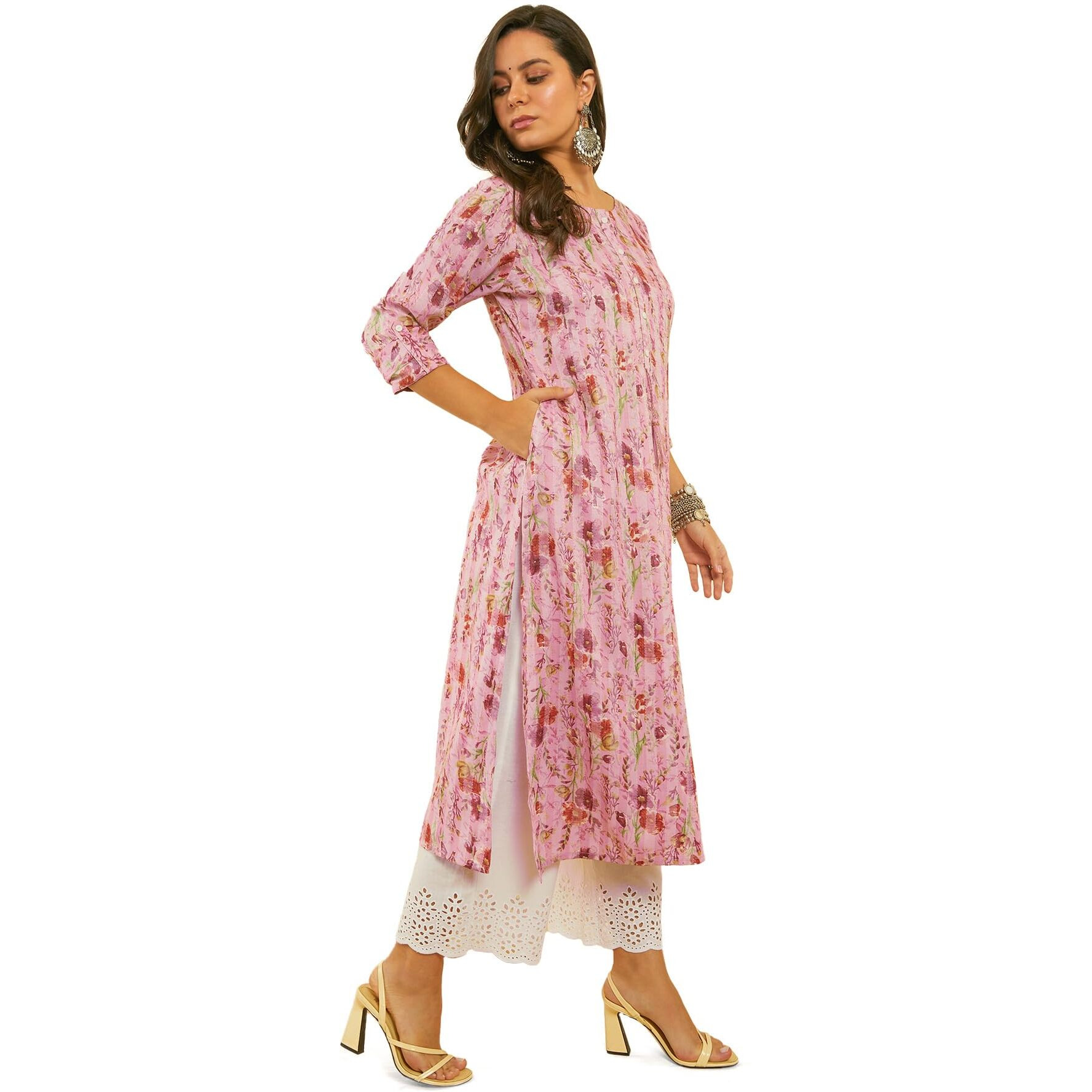 Soch Women's Rayon Floral Regular Kurta (CWS4KU60461C_Pink_S)