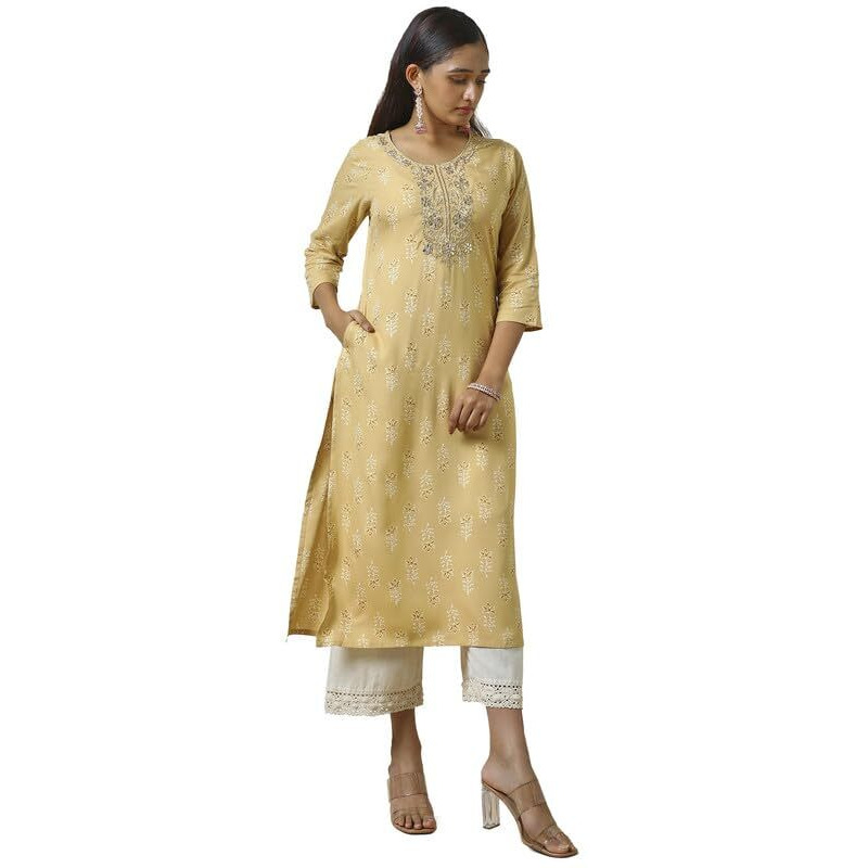 Soch Womens Beige Rayon Foil Print Kurta with Gotta Patti