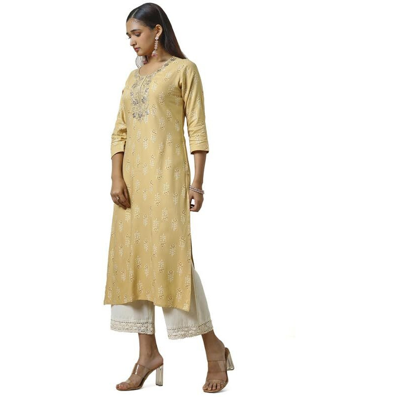 Soch Womens Beige Rayon Foil Print Kurta with Gotta Patti