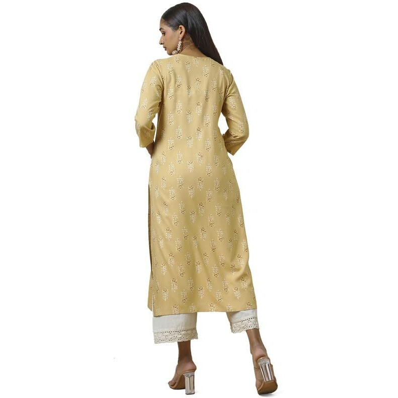 Soch Womens Beige Rayon Foil Print Kurta with Gotta Patti