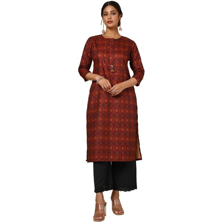 Soch Womens Maroon Linen Blend Ikat Print Kurta with Tassels