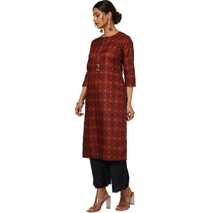 Soch Womens Maroon Linen Blend Ikat Print Kurta with Tassels