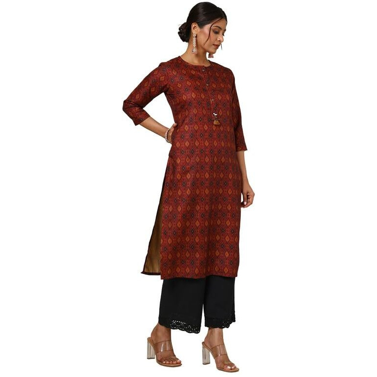 Soch Womens Maroon Linen Blend Ikat Print Kurta with Tassels
