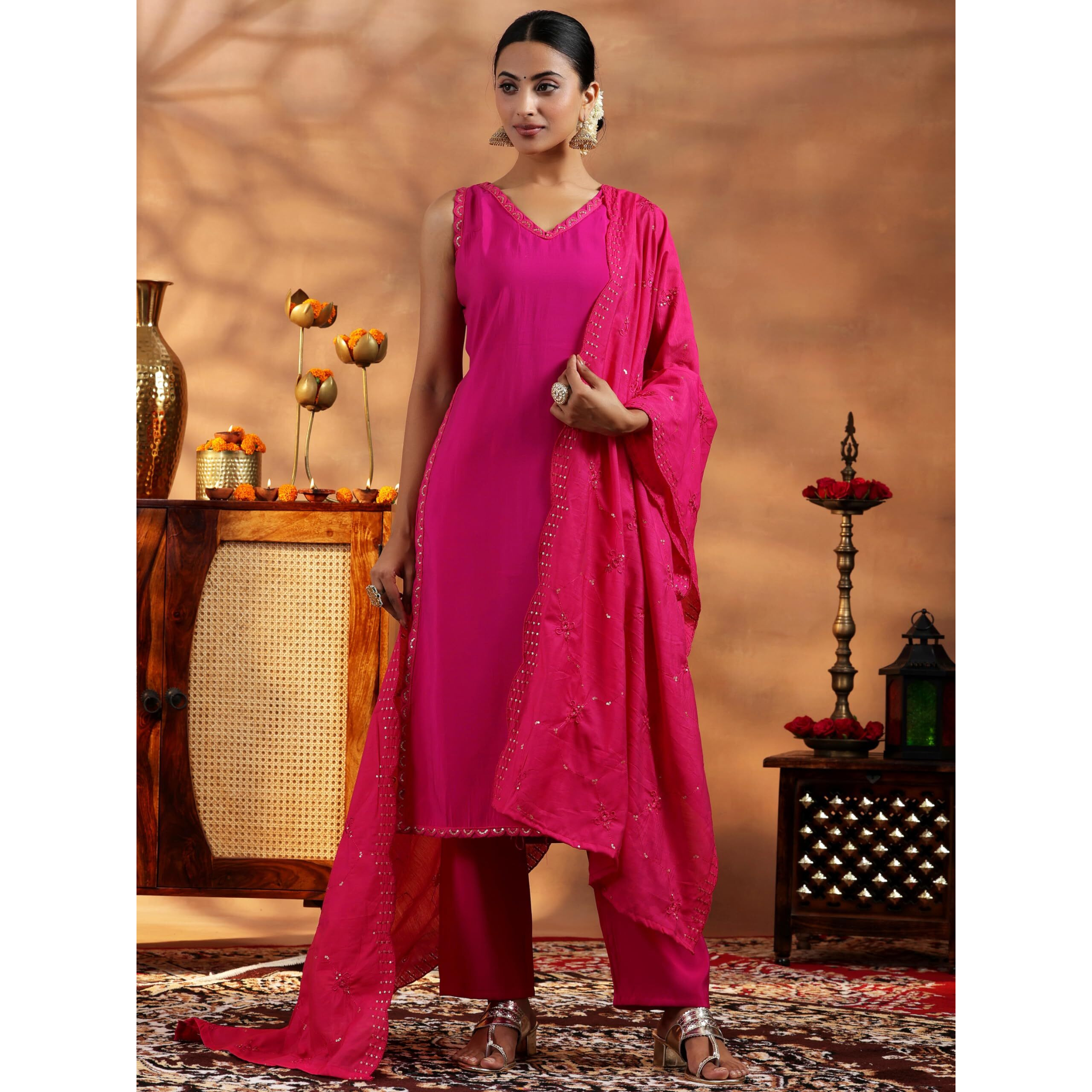 Libas Women's Silk Blend Kurta Sets (35610_Red