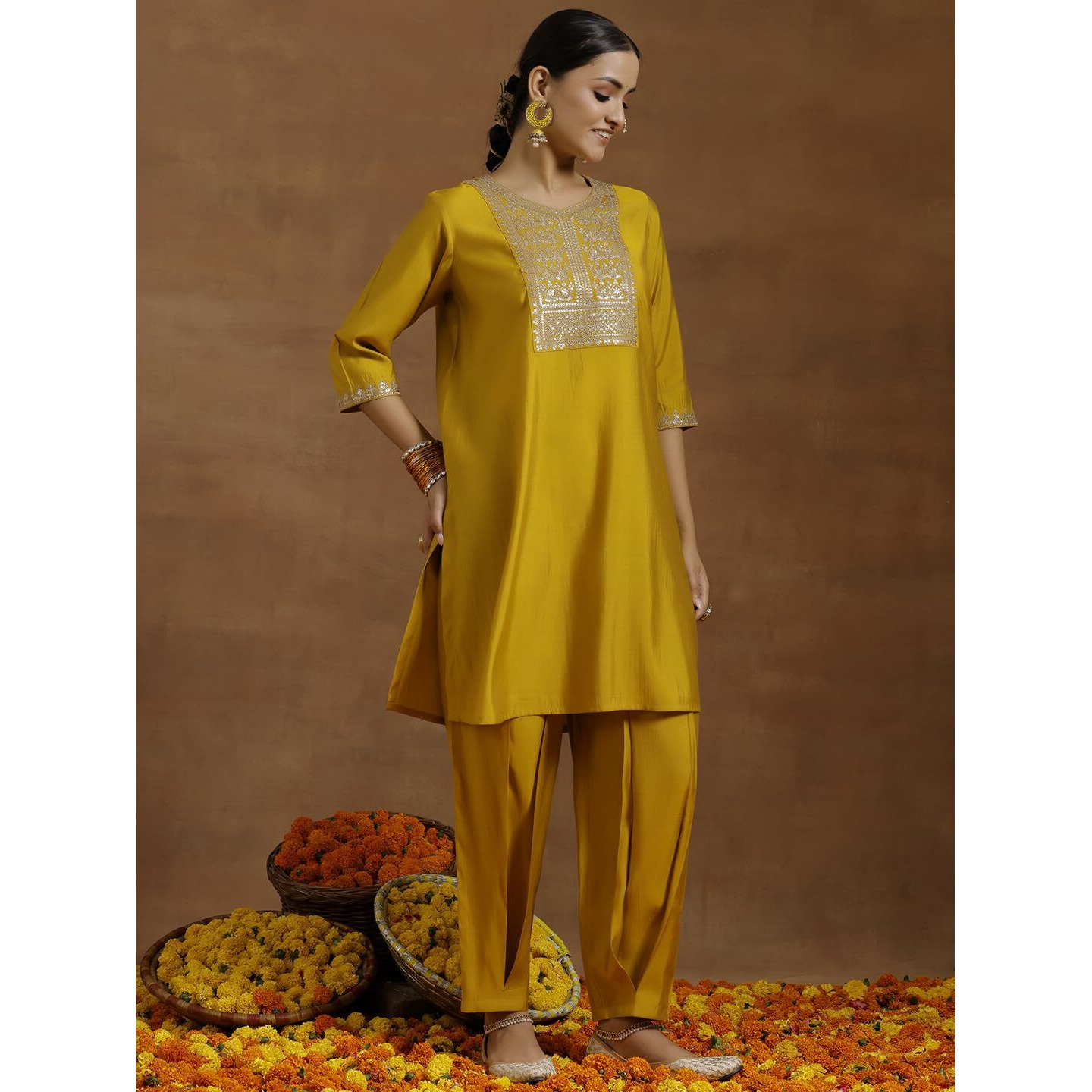 Libas Gerua Women's Silk Blend Kurta Sets (35634_Yellow