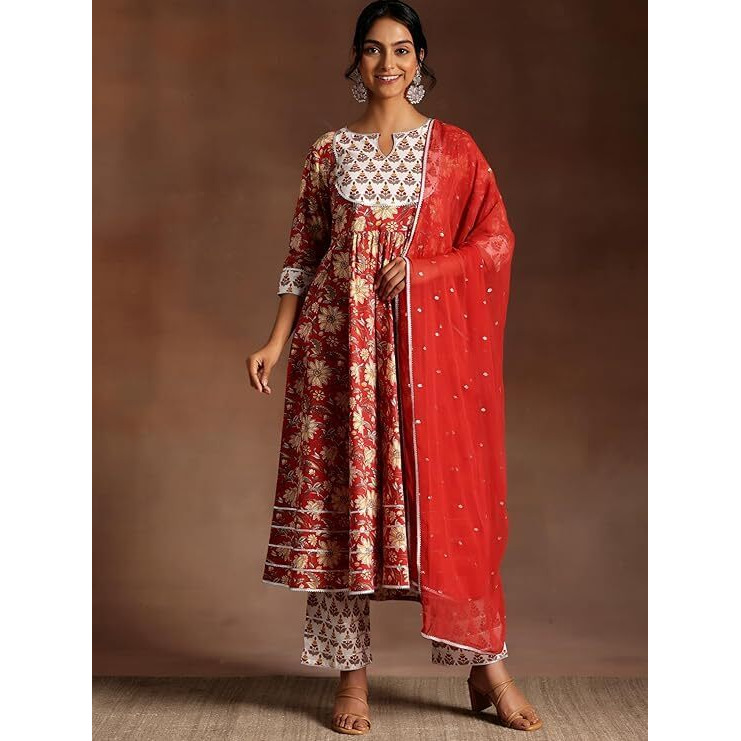 Libas Red Printed Cotton Anarkali Kurta With Trousers & Dupatta