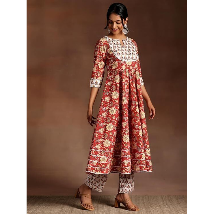 Libas Red Printed Cotton Anarkali Kurta With Trousers & Dupatta