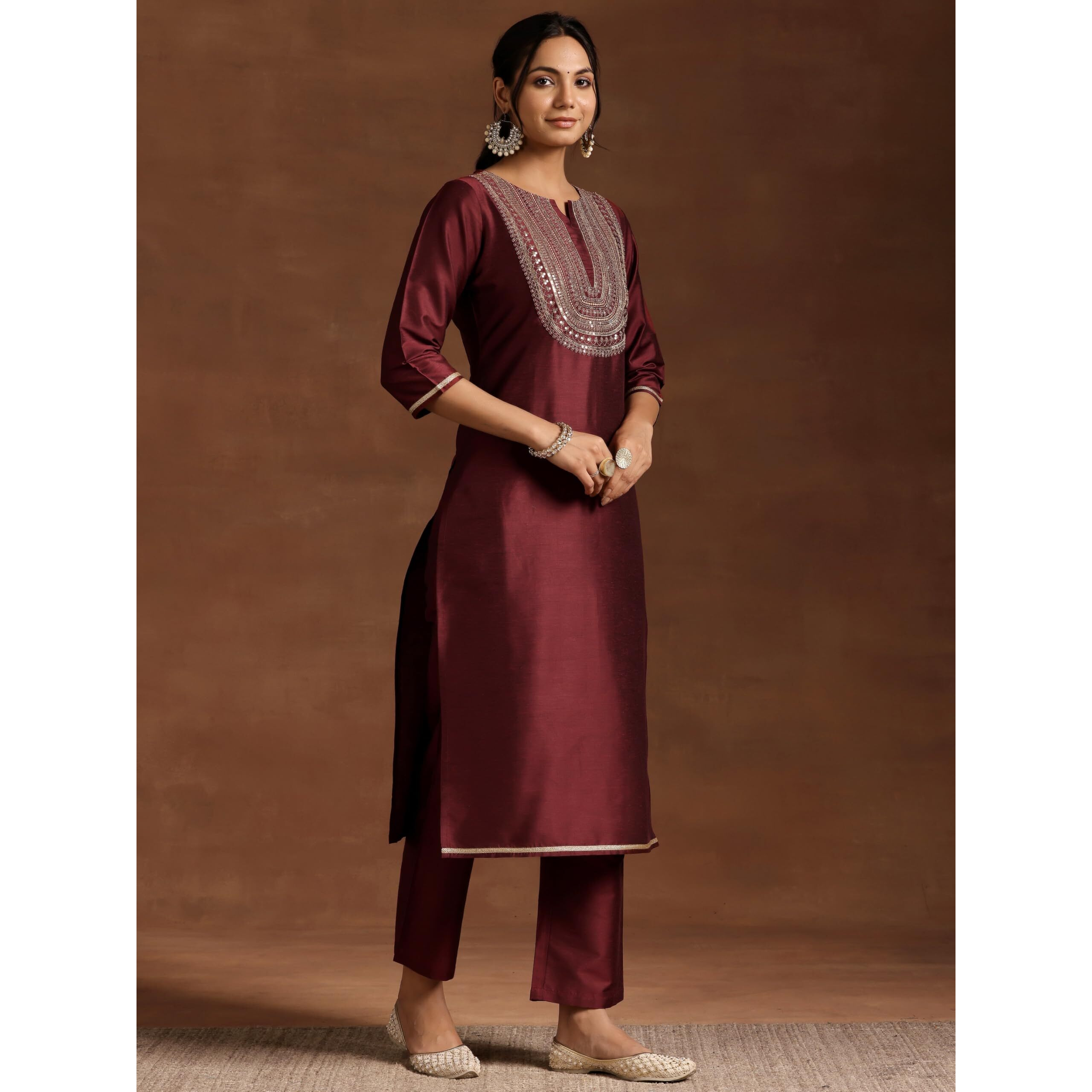 Libas Women's Silk Blend Kurta Set (27508_Maroon