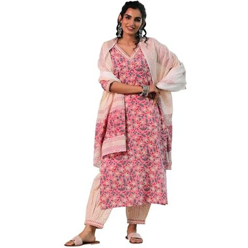 Libas Blue Printed Cotton Straight Kurta With Salwar & Dupatta