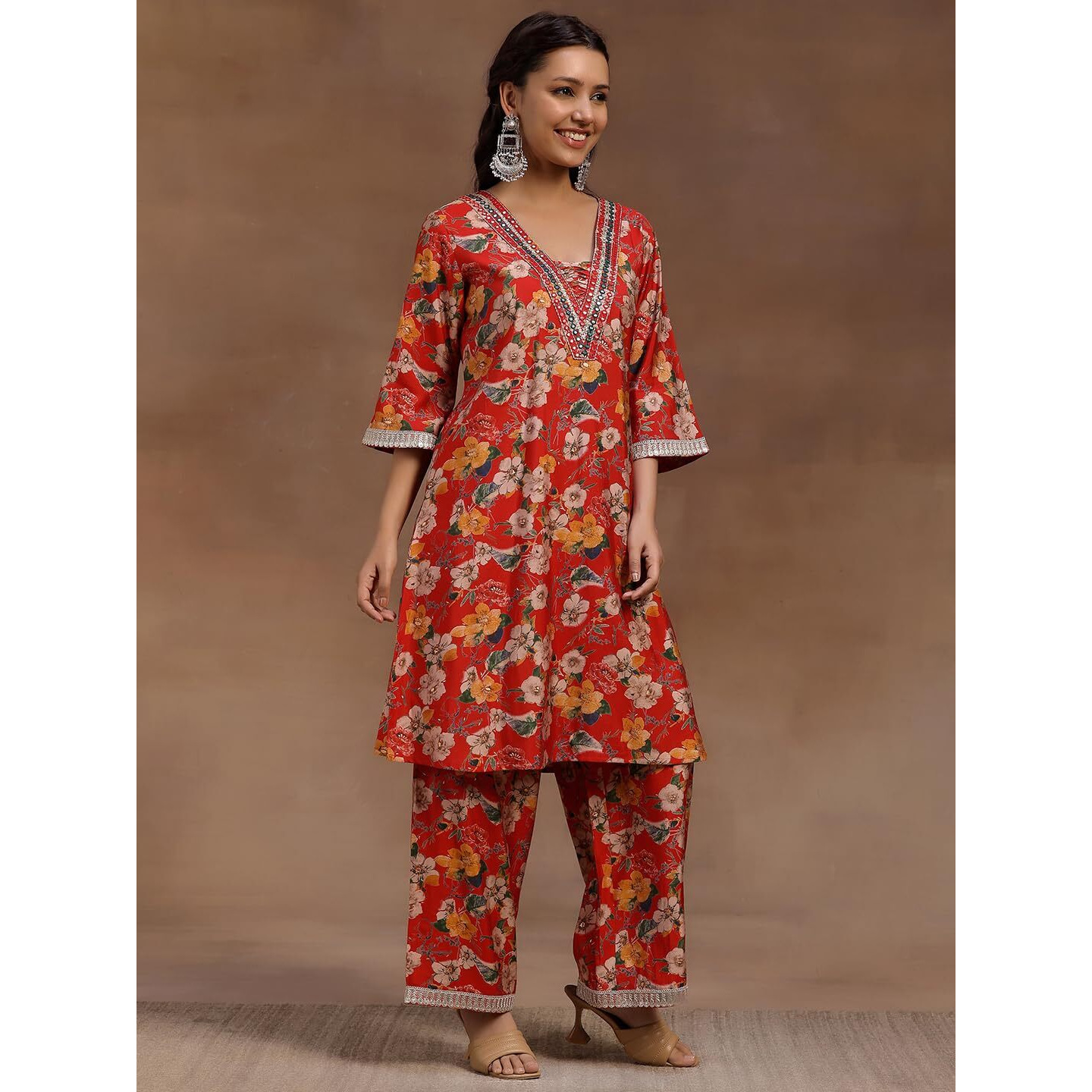 Libas Women's Silk Blend Co ord Set (35902_Red