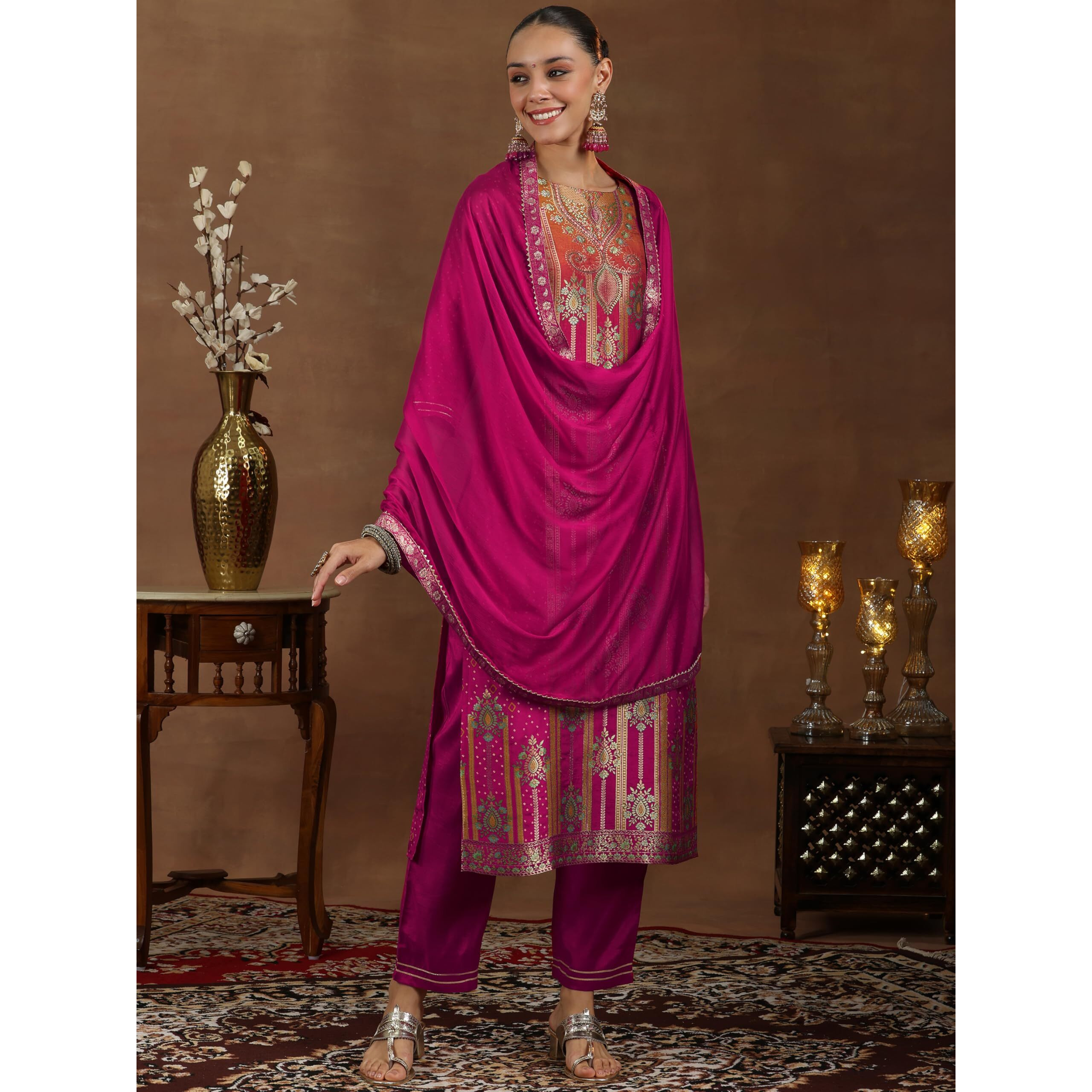 Libas Women's Silk Blend Woven Design Kurta Set (48657_Pink