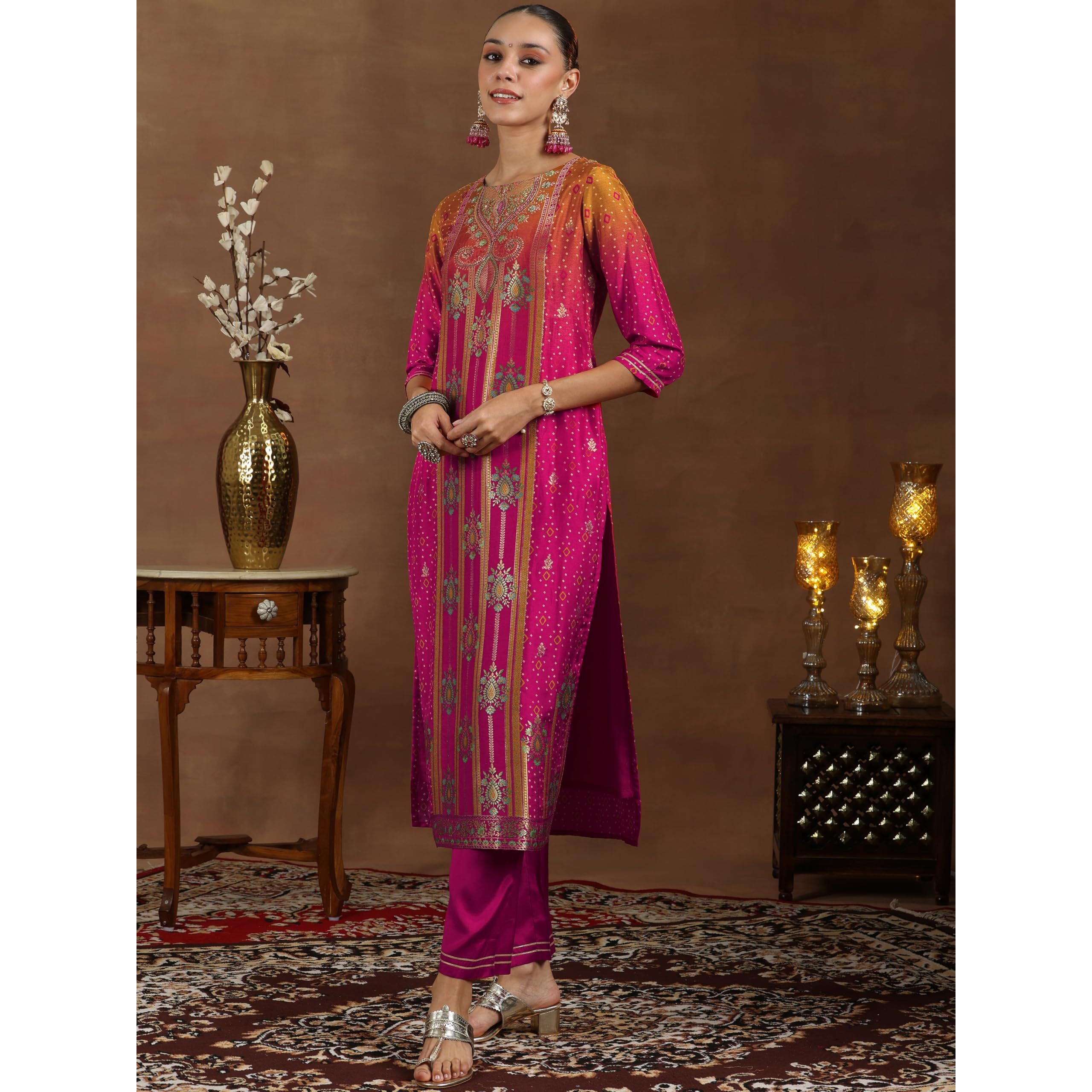 Libas Women's Silk Blend Woven Design Kurta Set (48657_Pink