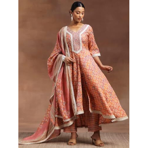 Libas Women's Silk Blend Printed Kurta Set (36696O_Peach