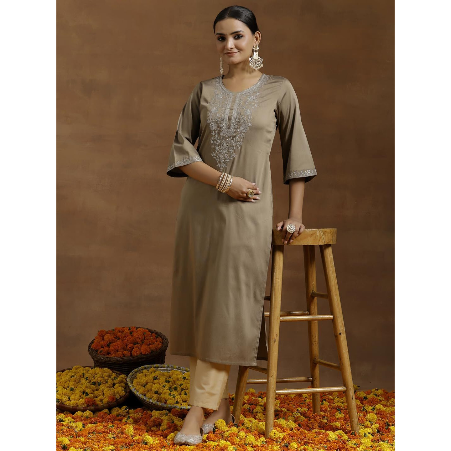 Libas Women's Silk Floral Straight Kurta (G2733_Gold