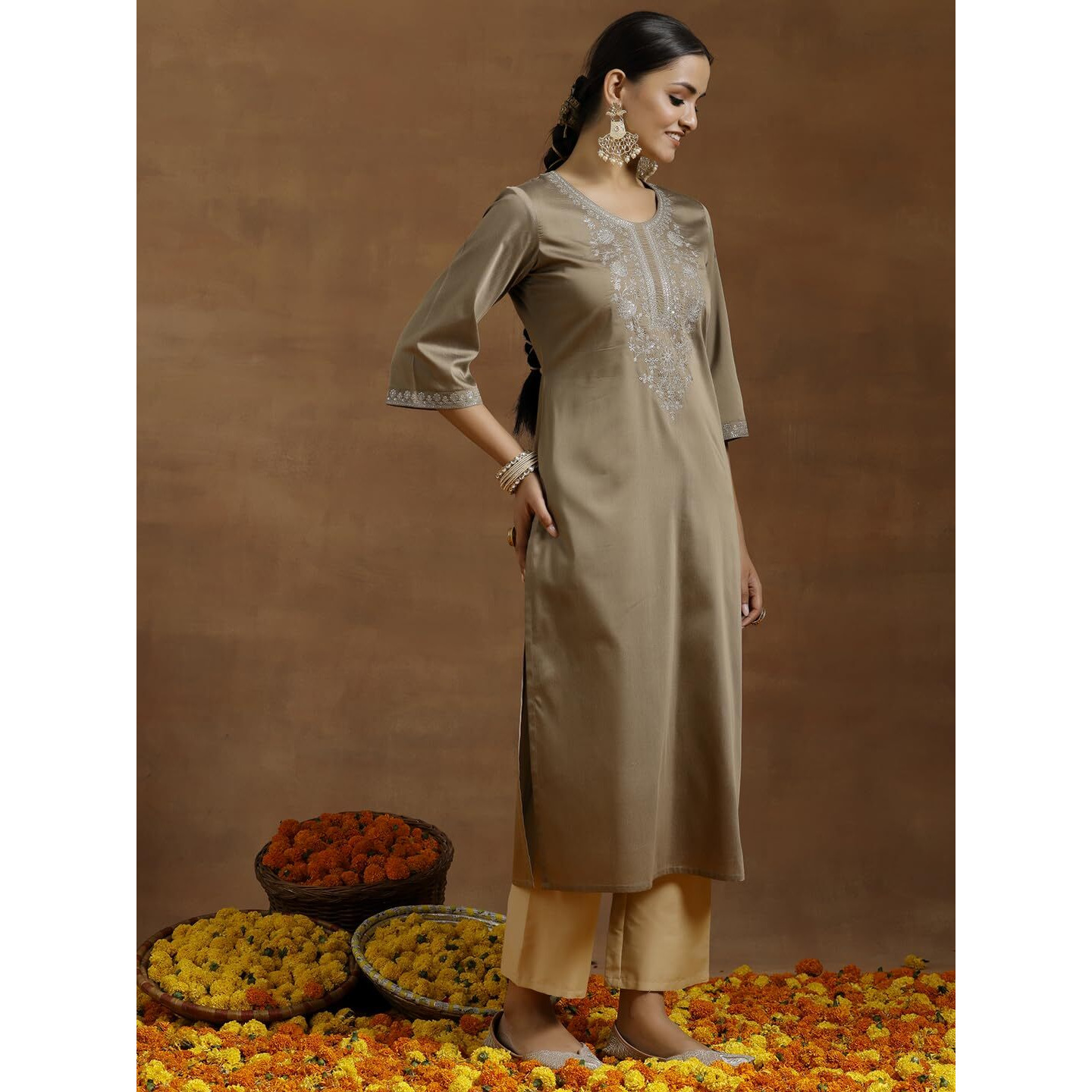 Libas Women's Silk Floral Straight Kurta (G2733_Gold