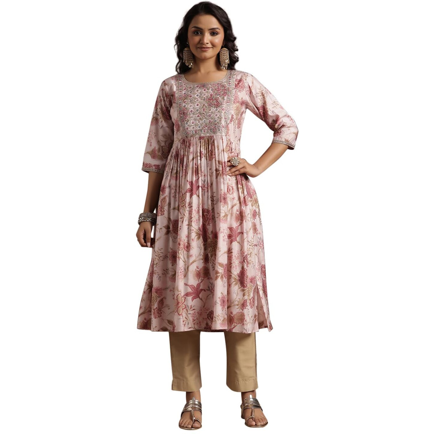 Libas Women's Silk Floral A-Line Kurta (29227 Pink