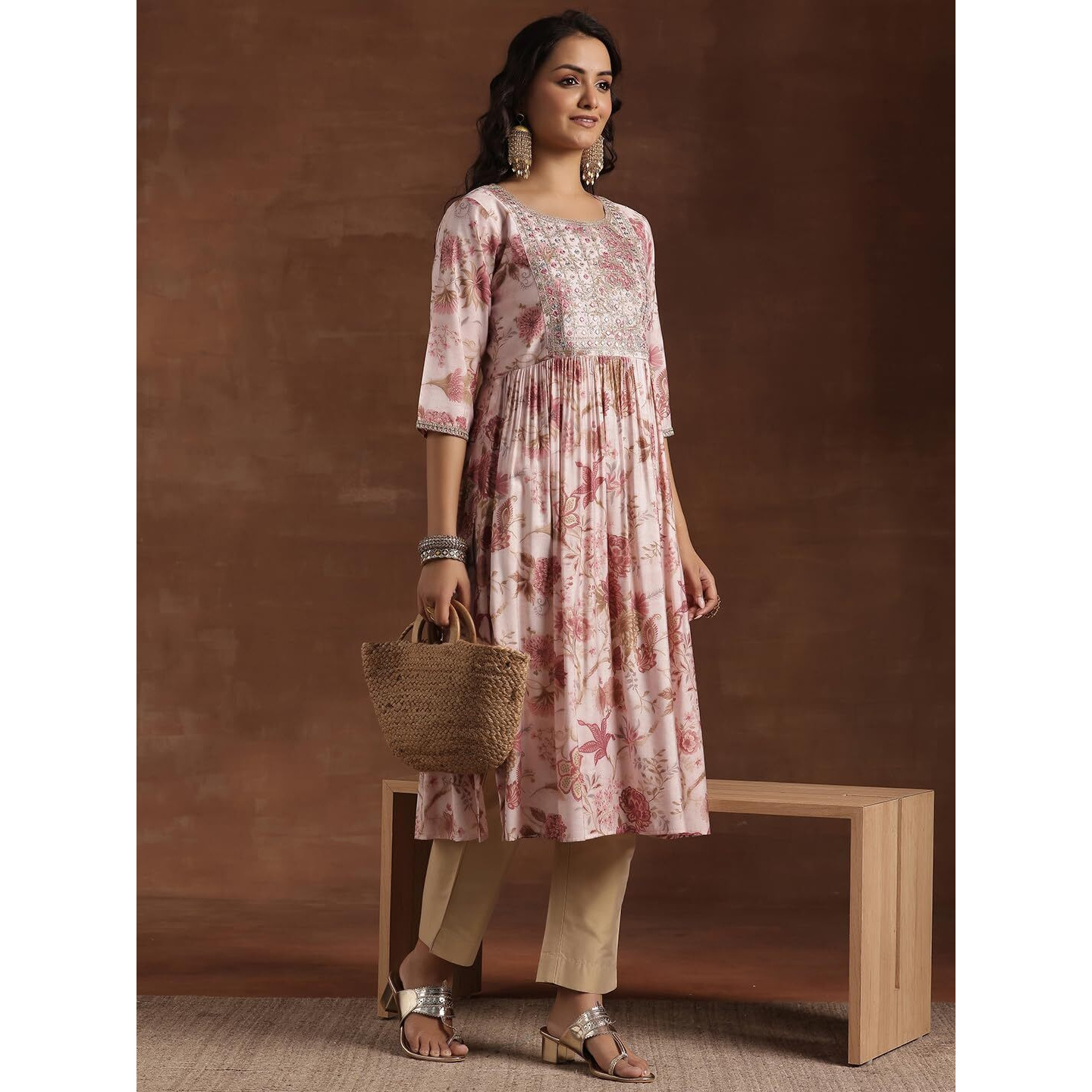 Libas Women's Silk Floral A-Line Kurta (29227 Pink