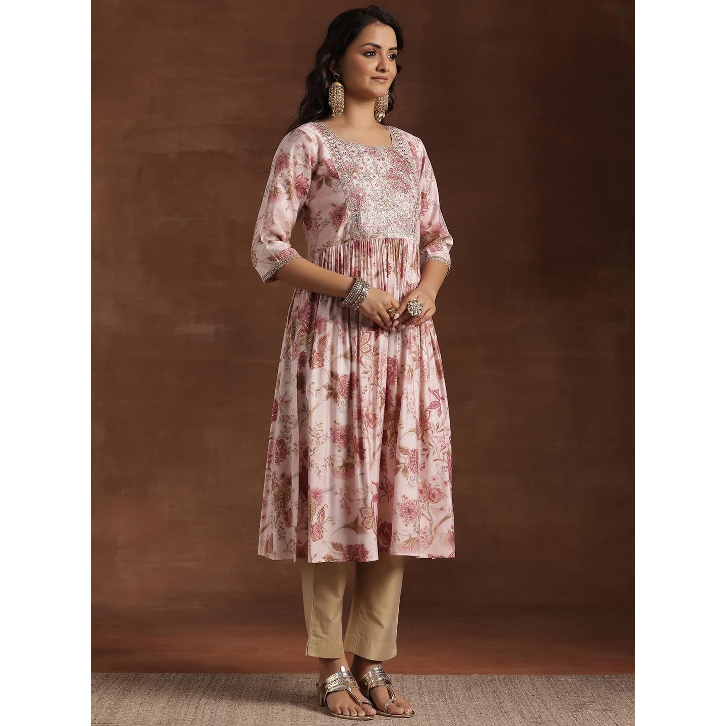 Libas Women's Silk Floral A-Line Kurta (29227 Pink