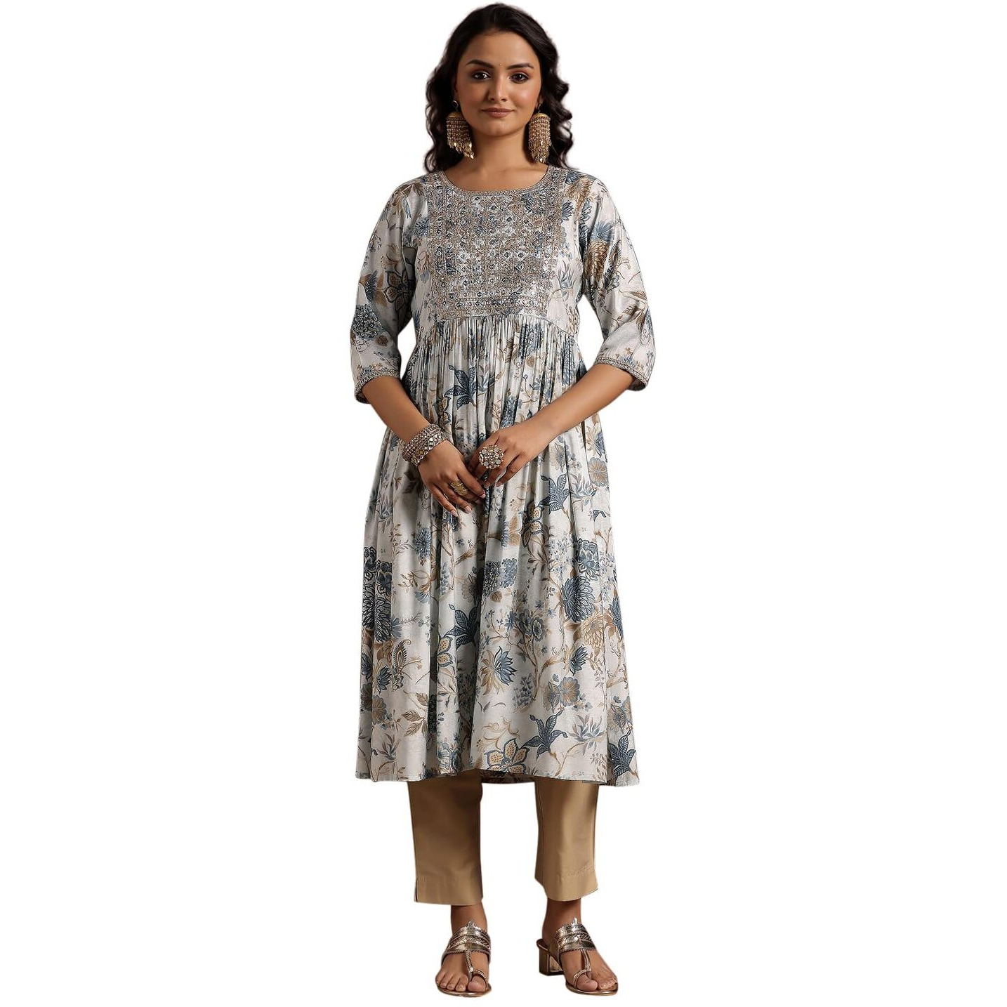 Libas Women's Silk Floral A-Line Kurta (29228 Blue