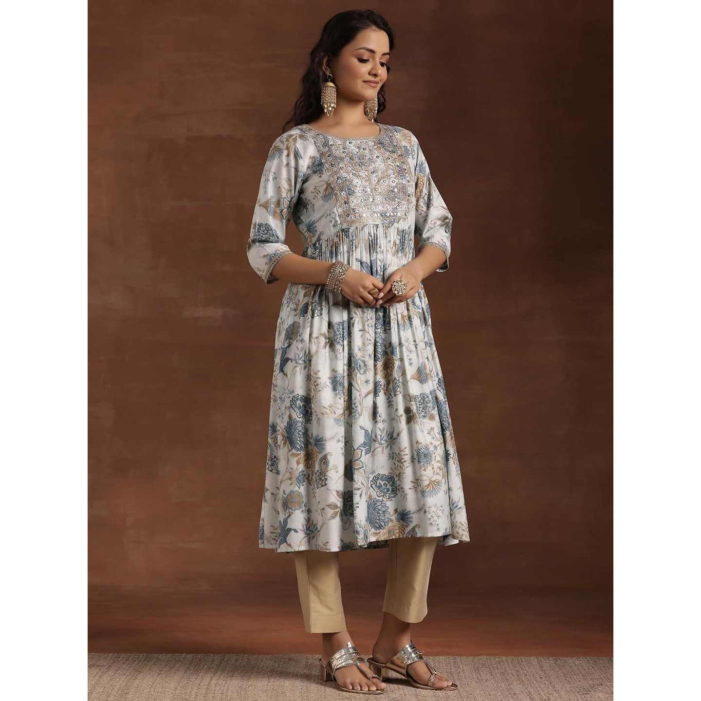 Libas Women's Silk Floral A-Line Kurta (29228 Blue