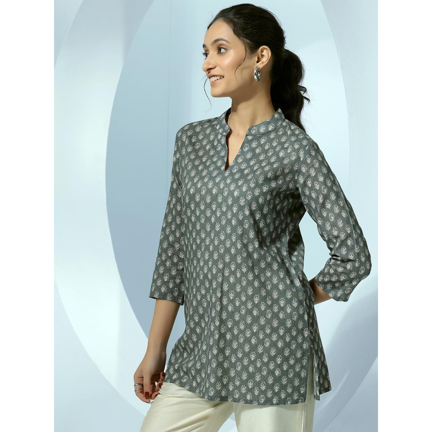 Libas Women's Linen Floral Straight Kurti (58165 Grey