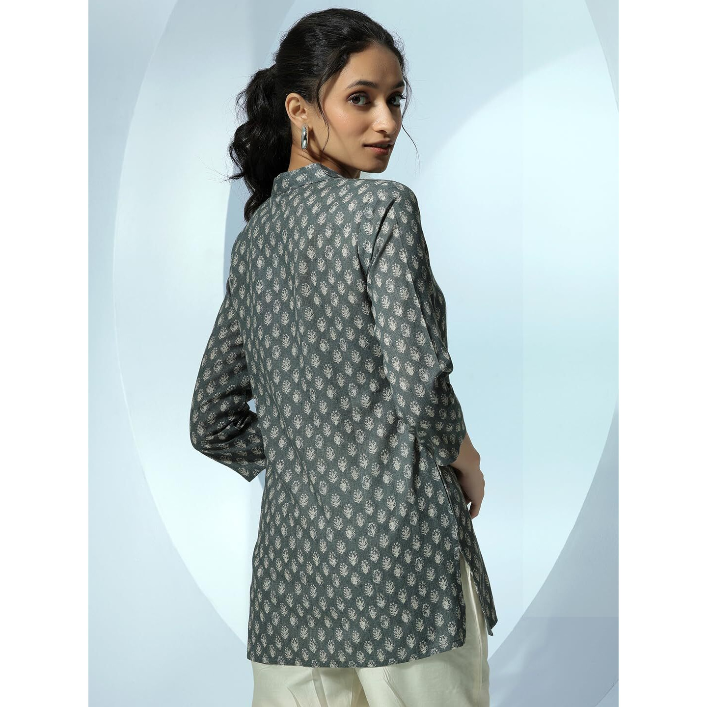 Libas Women's Linen Floral Straight Kurti (58165 Grey