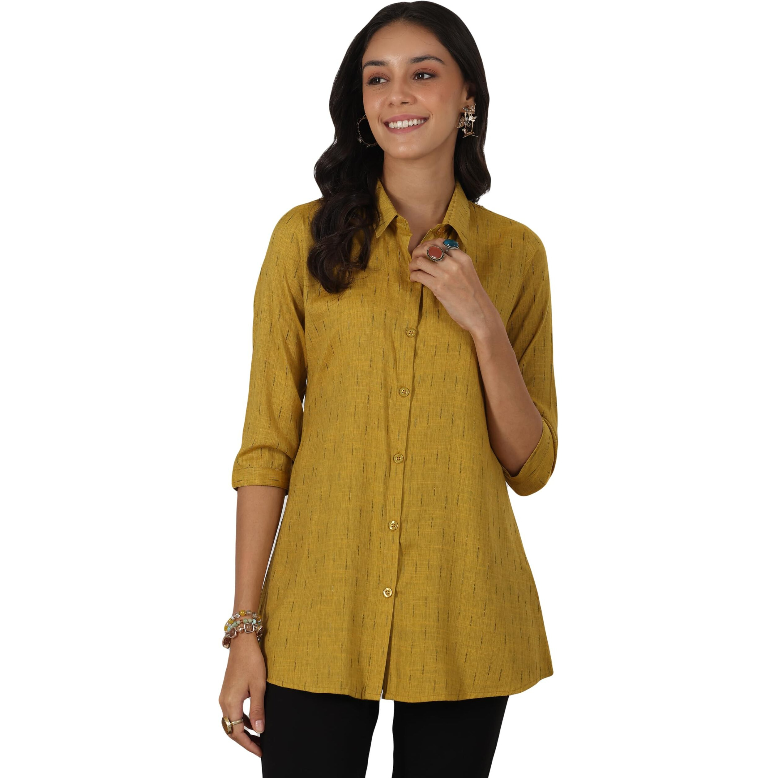 Libas Women's Self Design Straight Tunic Shirt (58198_Mustard