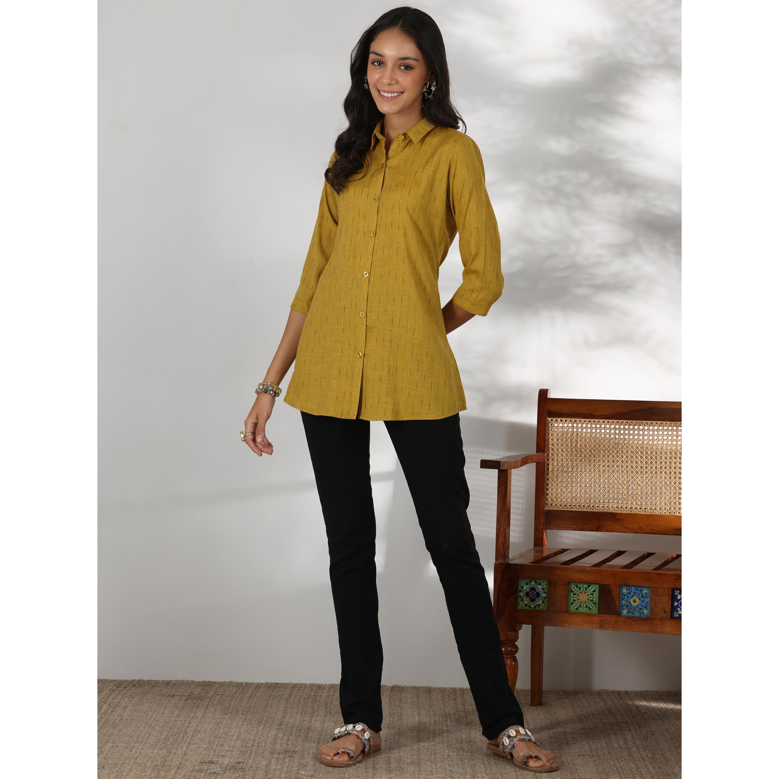 Libas Women's Self Design Straight Tunic Shirt (58198_Mustard