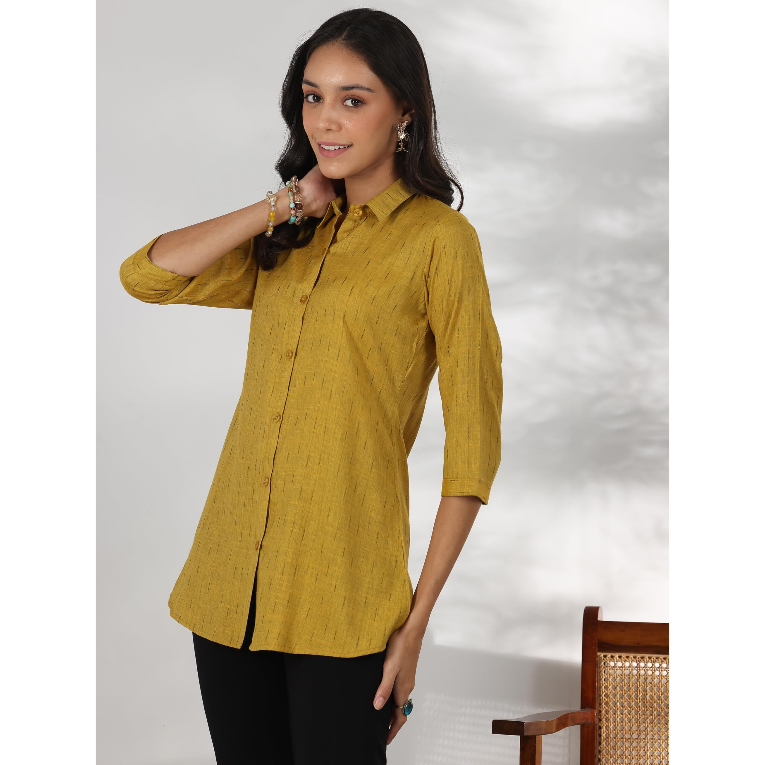 Libas Women's Self Design Straight Tunic Shirt (58198_Mustard