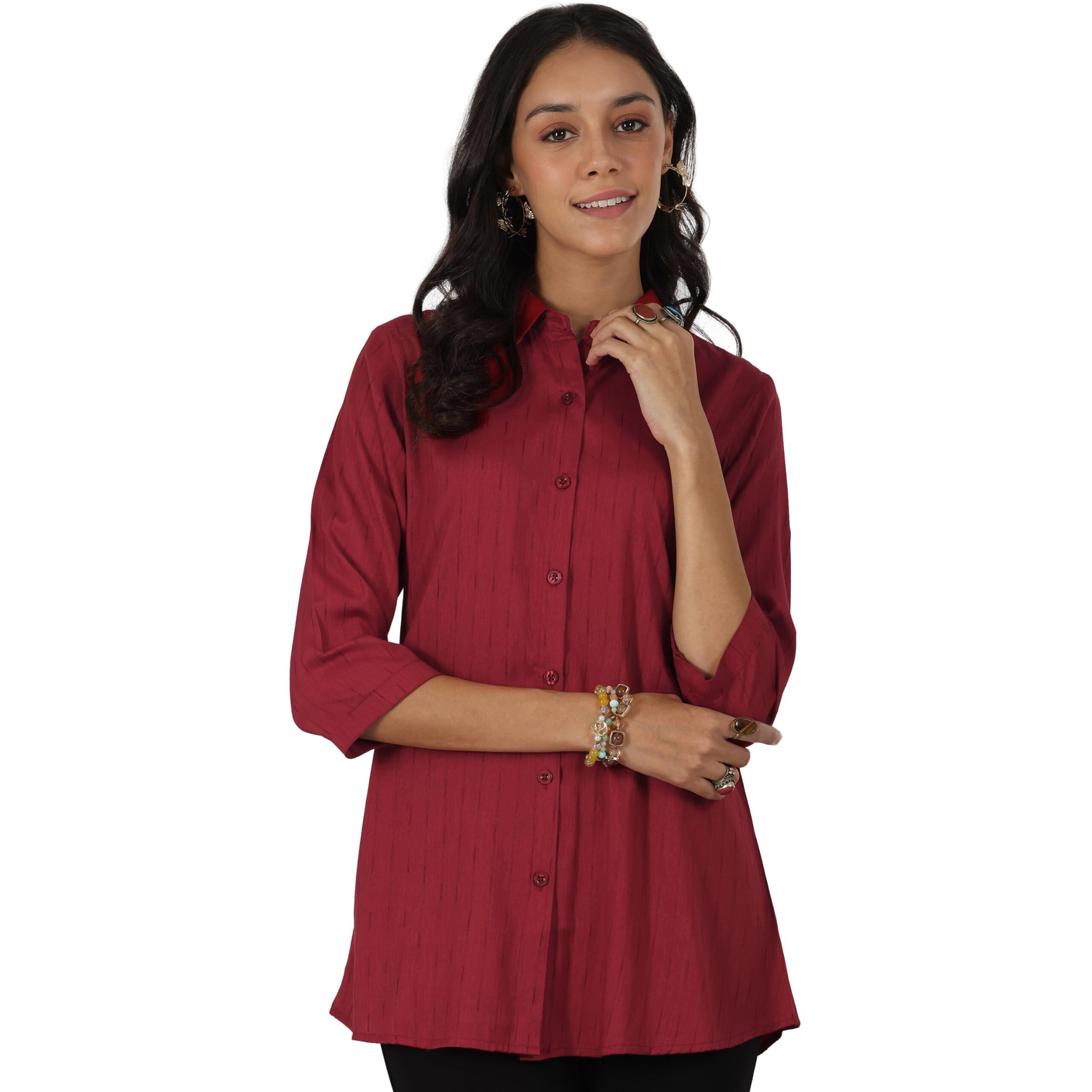 Libas Women's Viscose Rayon Self Design Straight Tunic Shirt (58199_Red