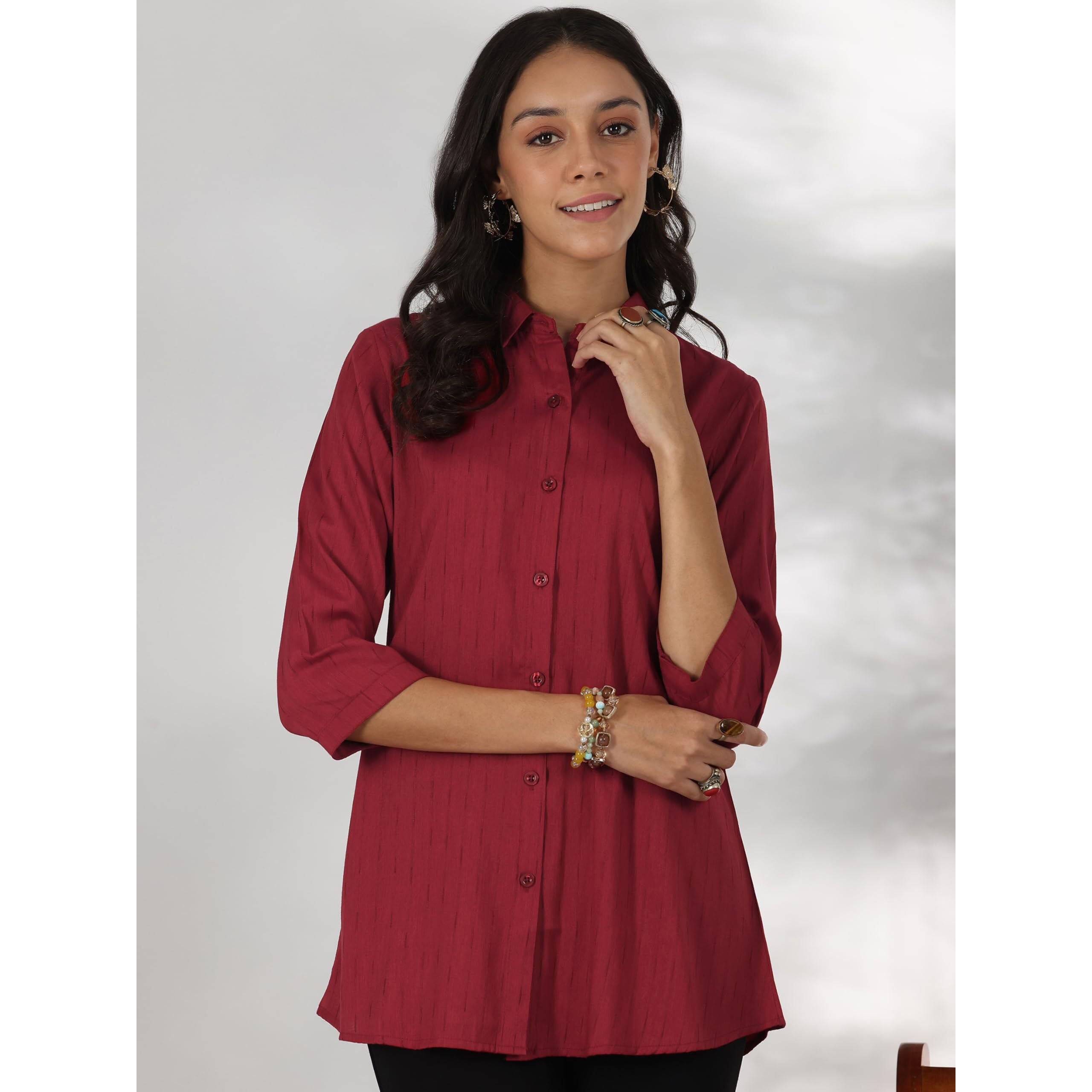 Libas Women's Viscose Rayon Self Design Straight Tunic Shirt (58199_Red