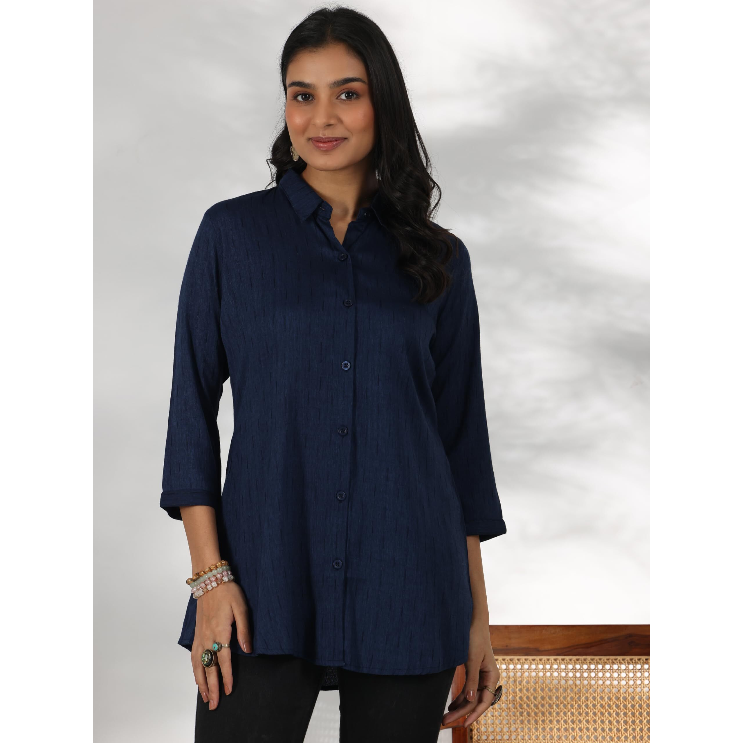 Libas Women's Self Design Straight Tunic Shirt (58200_Blue