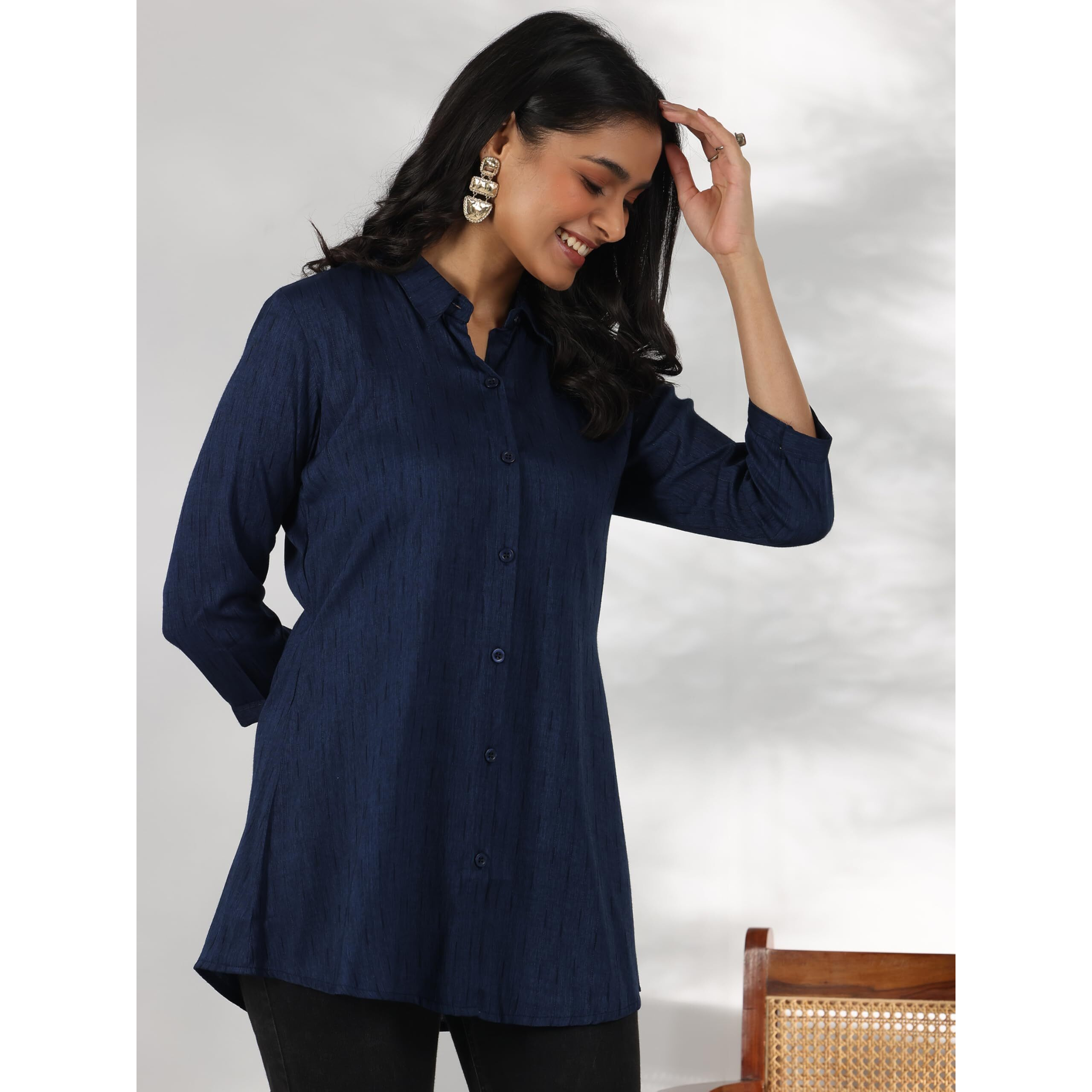 Libas Women's Self Design Straight Tunic Shirt (58200_Blue