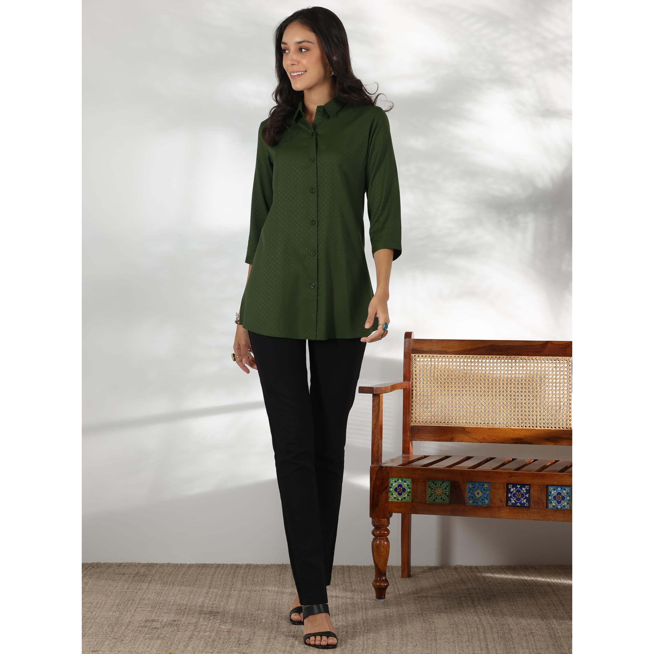 Libas Women's Self Design Straight Tunic Shirt (58203_Green XL)