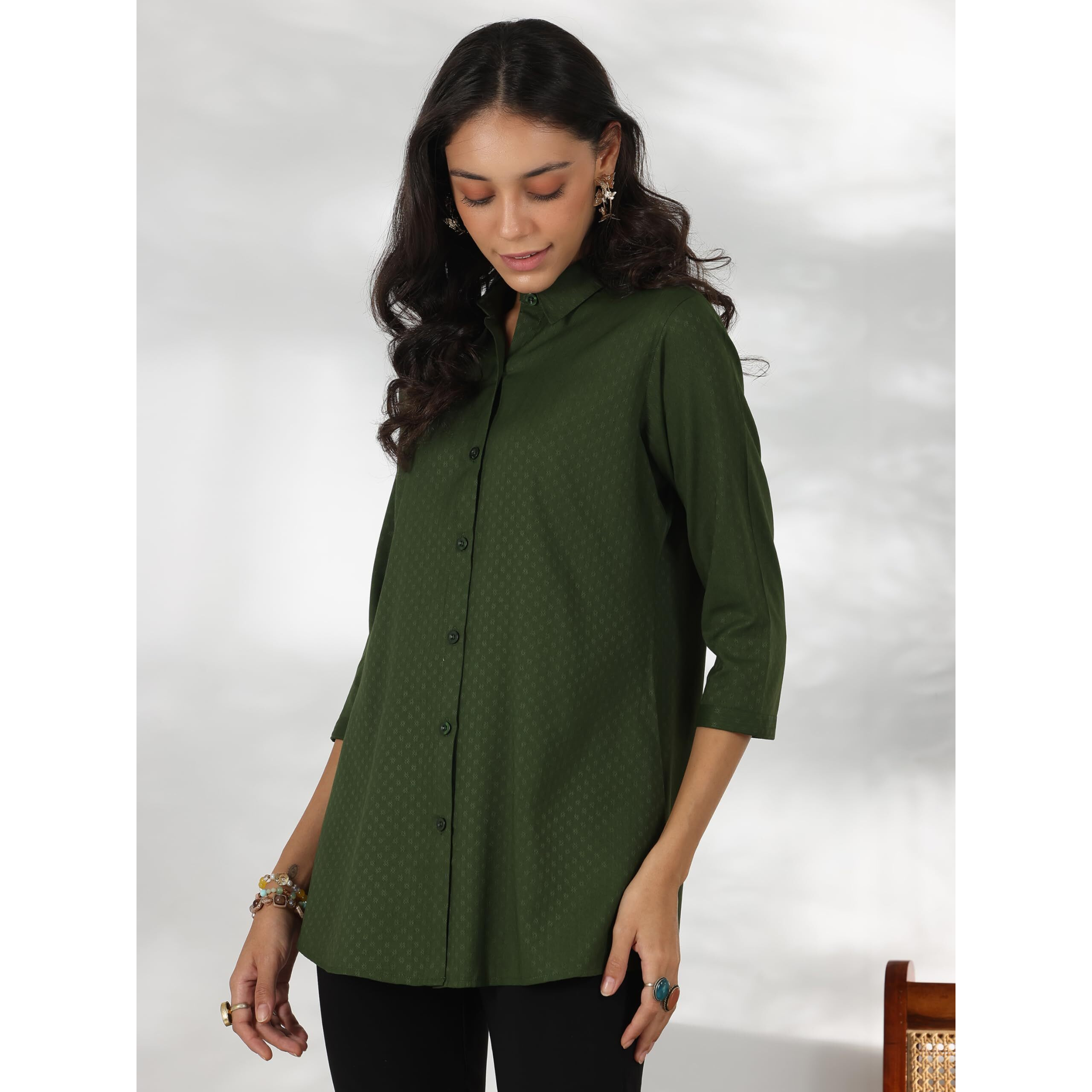 Libas Women's Self Design Straight Tunic Shirt (58203_Green XL)