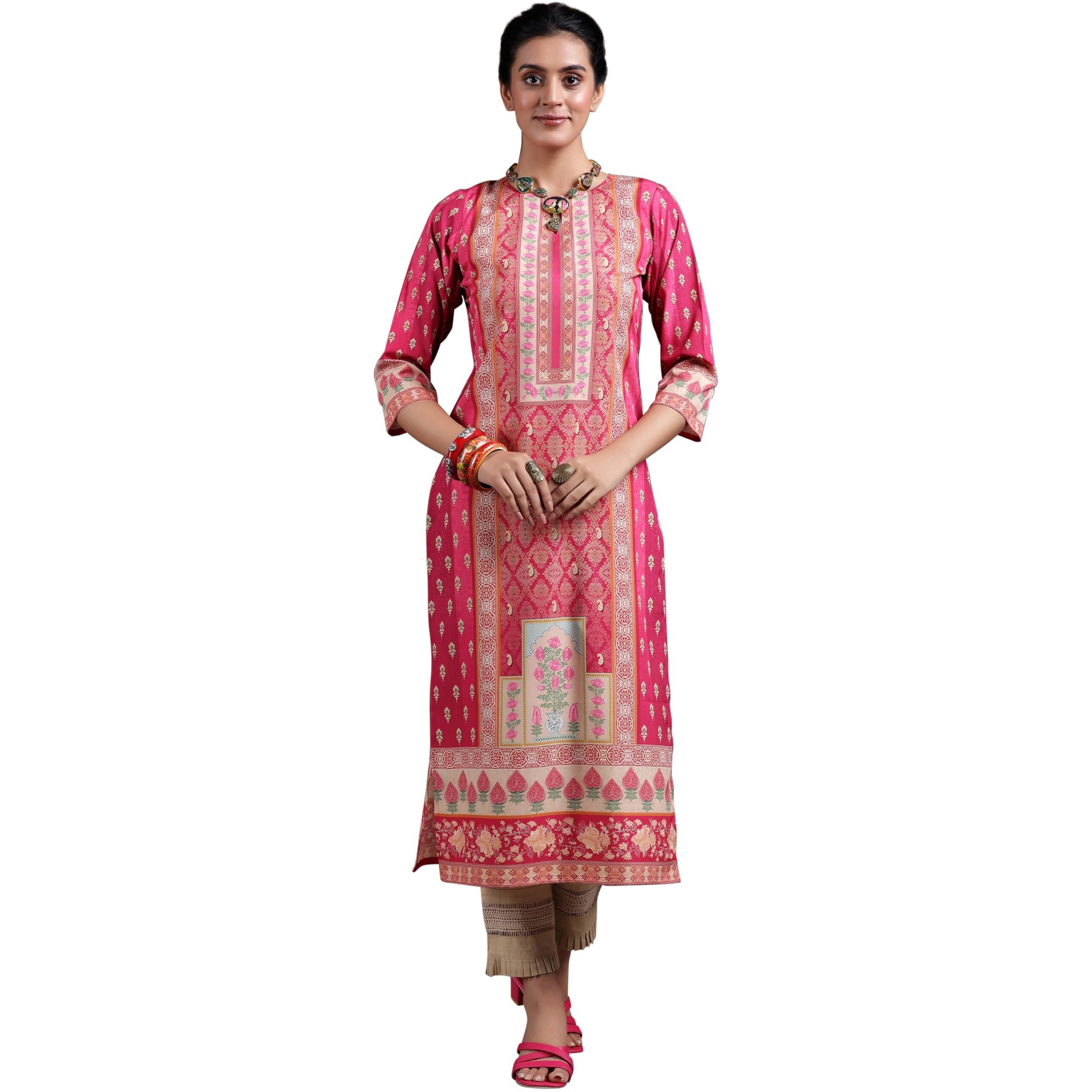 Libas Women's Crepe Printed Straight Kurta (29266 Pink