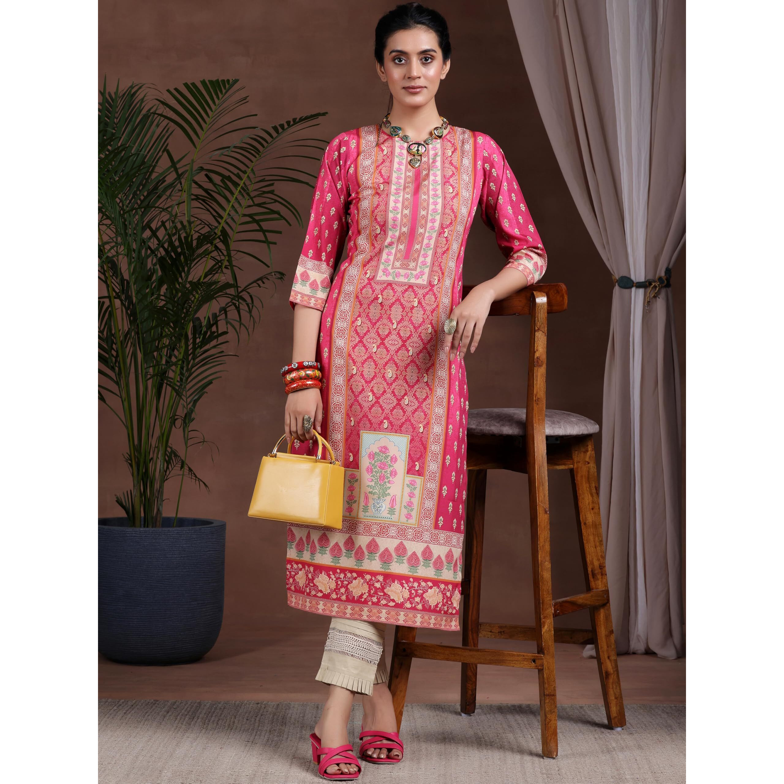 Libas Women's Crepe Printed Straight Kurta (29266 Pink
