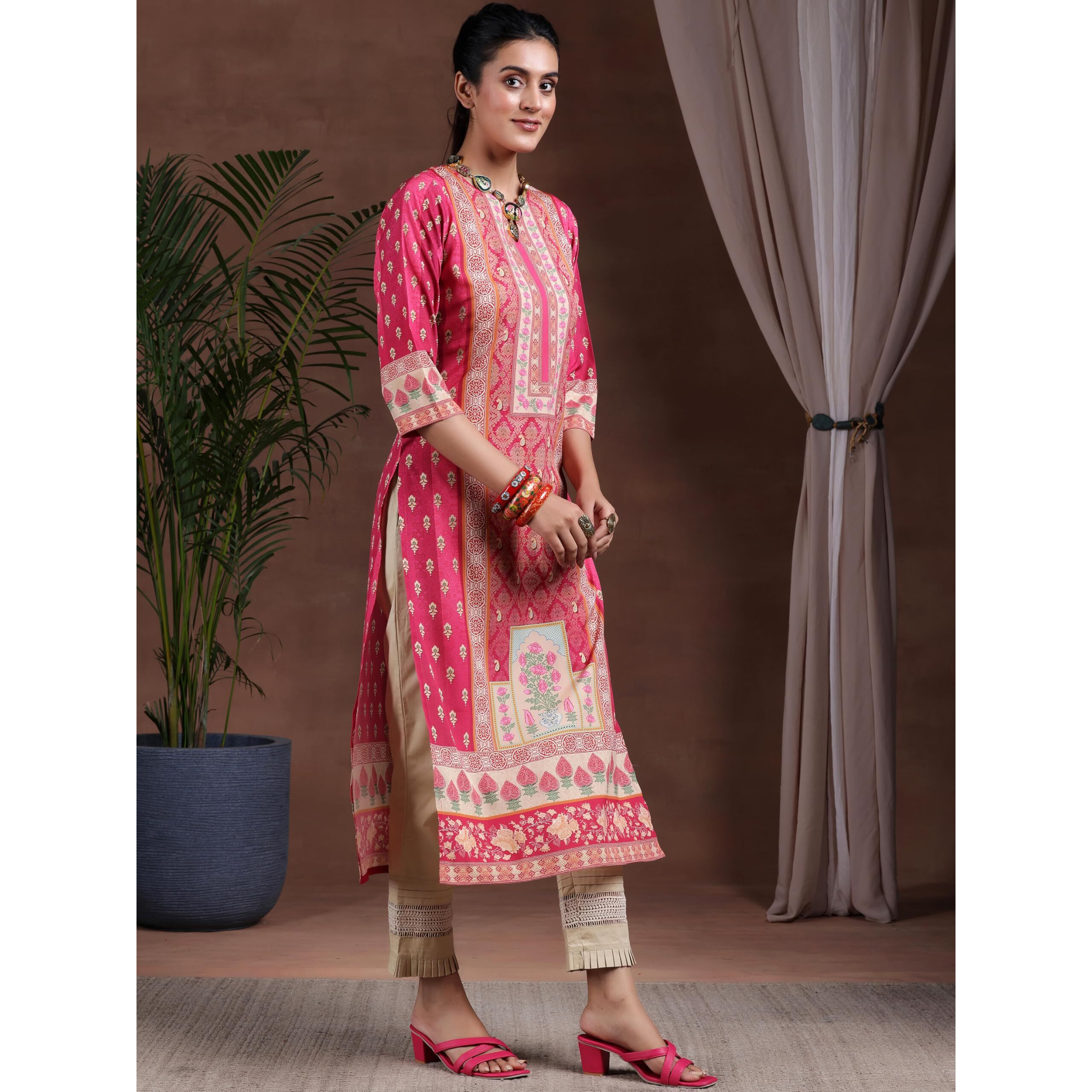Libas Women's Crepe Printed Straight Kurta (29266 Pink
