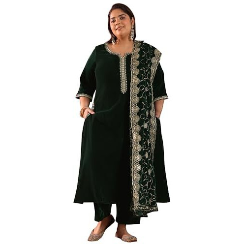 Extra Love by Libas Women's Velvet Solid Kurta Set (15814 Green