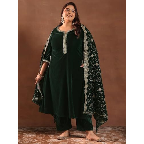 Extra Love by Libas Women's Velvet Solid Kurta Set (15814 Green