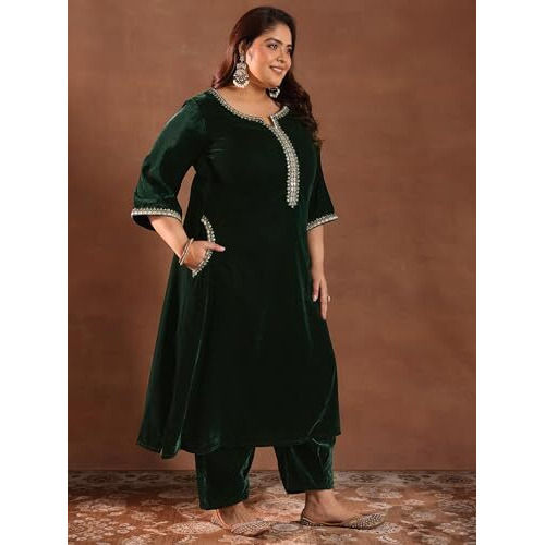 Extra Love by Libas Women's Velvet Solid Kurta Set (15814 Green