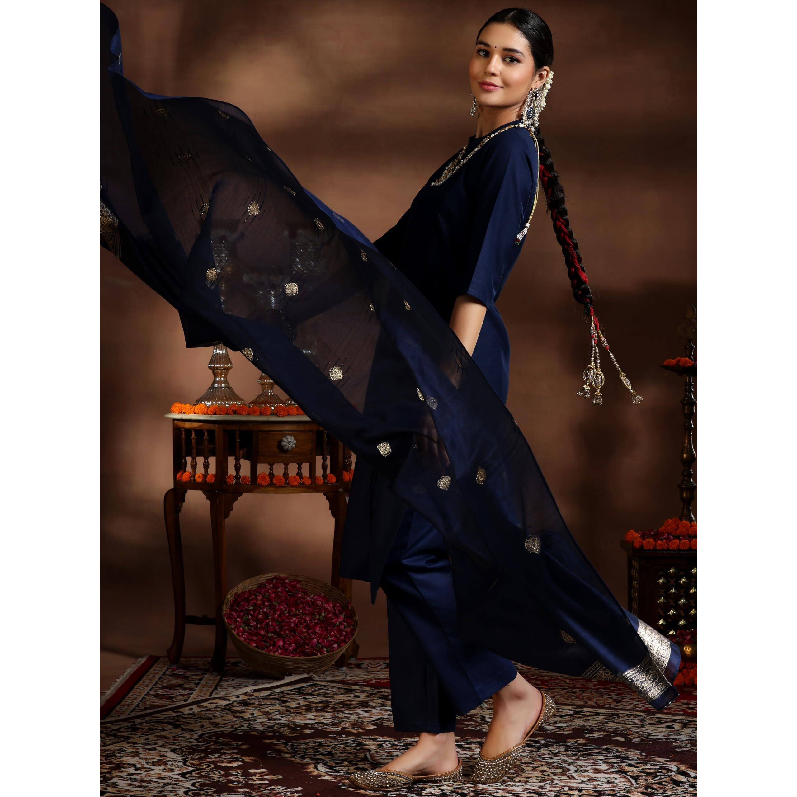 Libas Women's Silk Blend Kurta Set (39041_Navy Blue